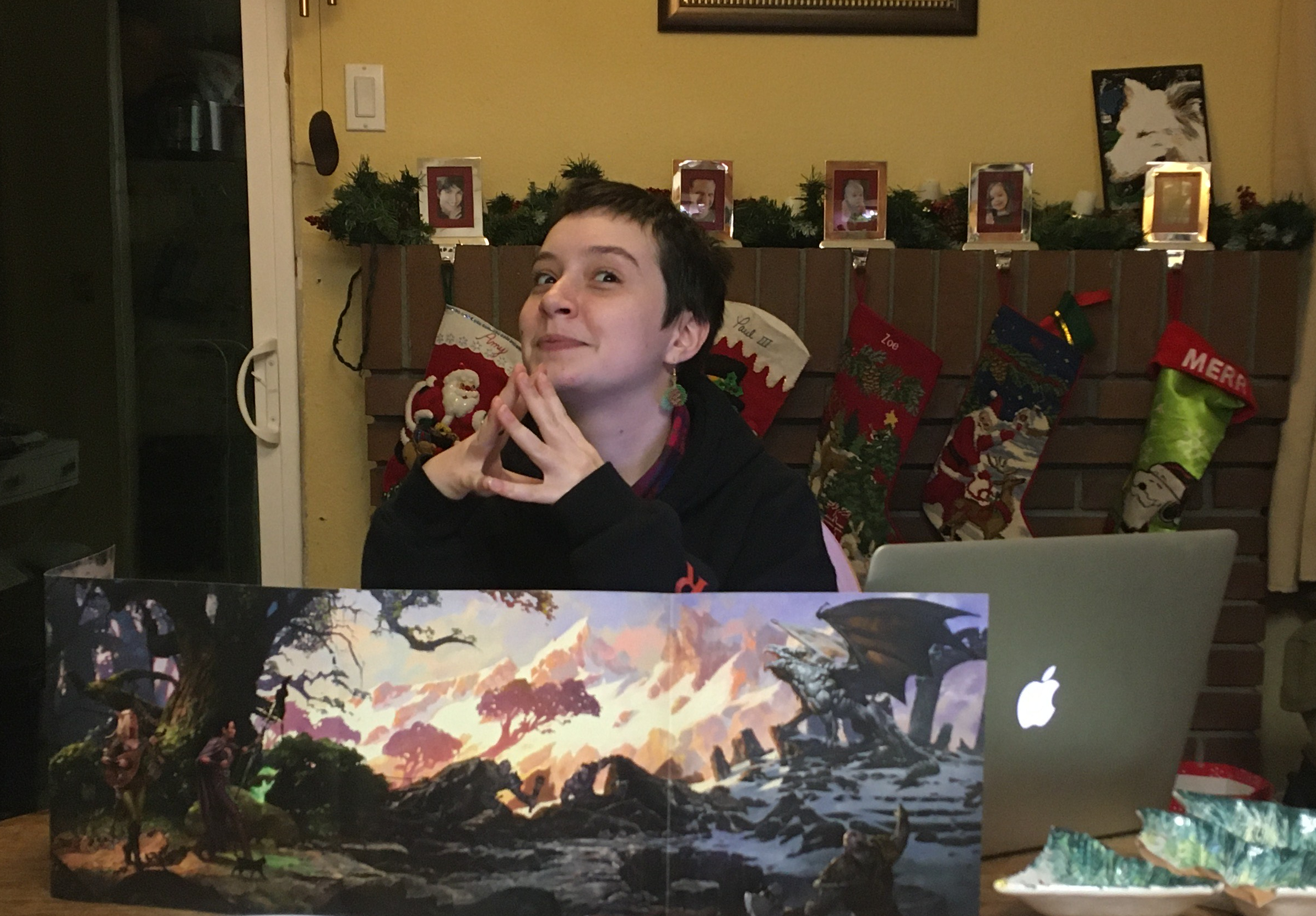 Mia emulates famous DM Matthew Mercer behind a DM screen