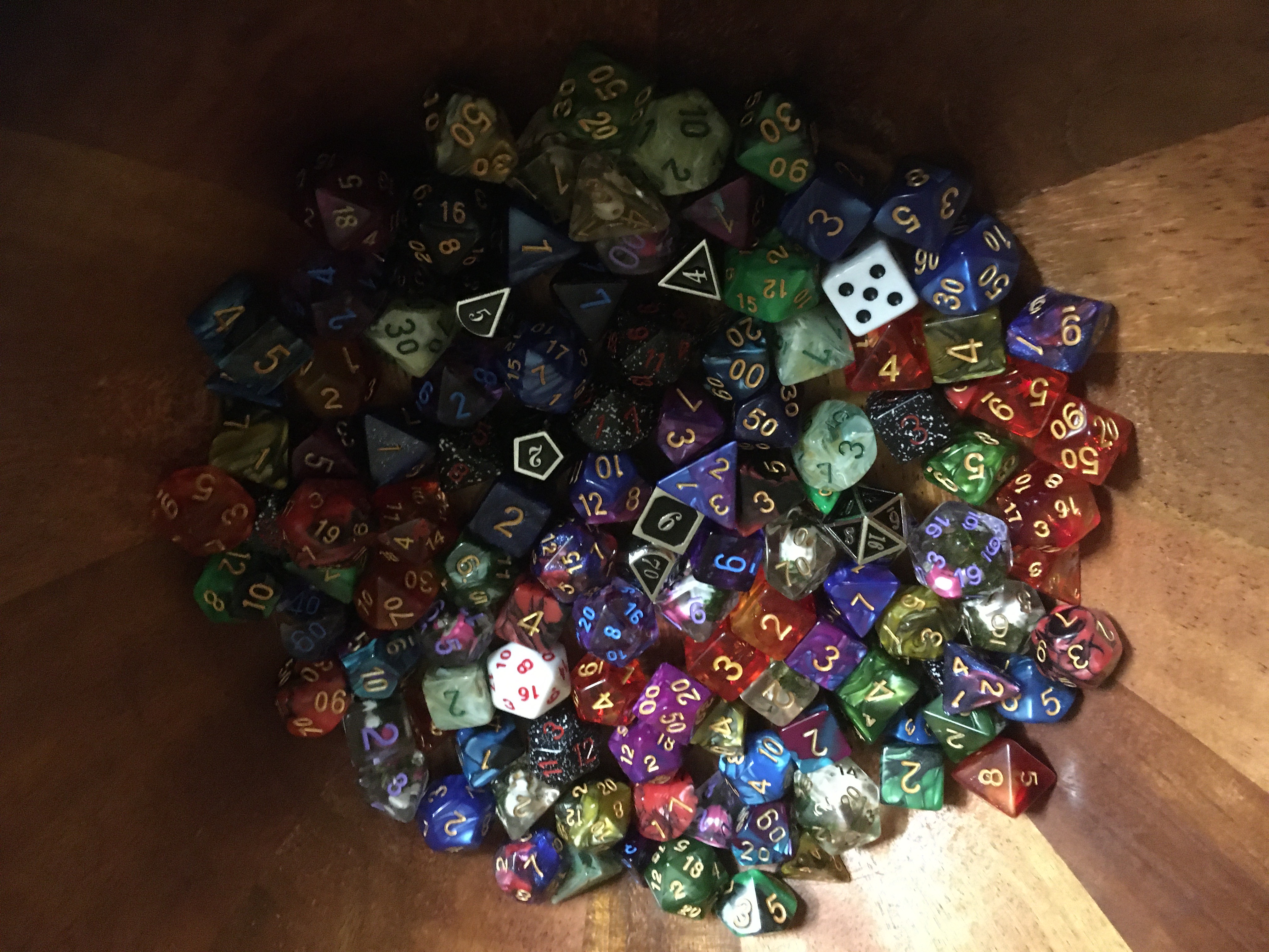 Wooden bowl full of polyhedral D&D dice