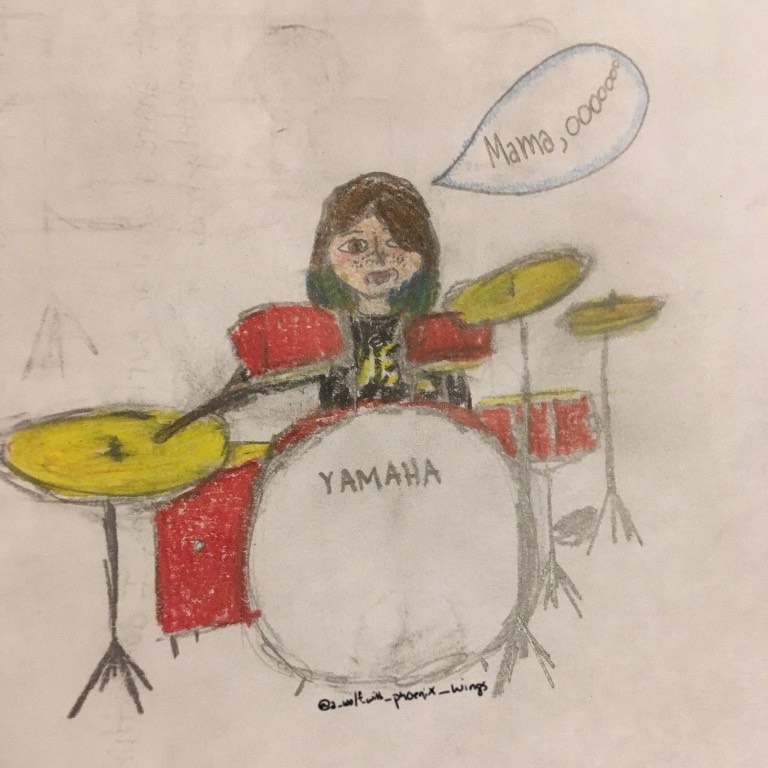 Drawing of Mia playing drums and singing