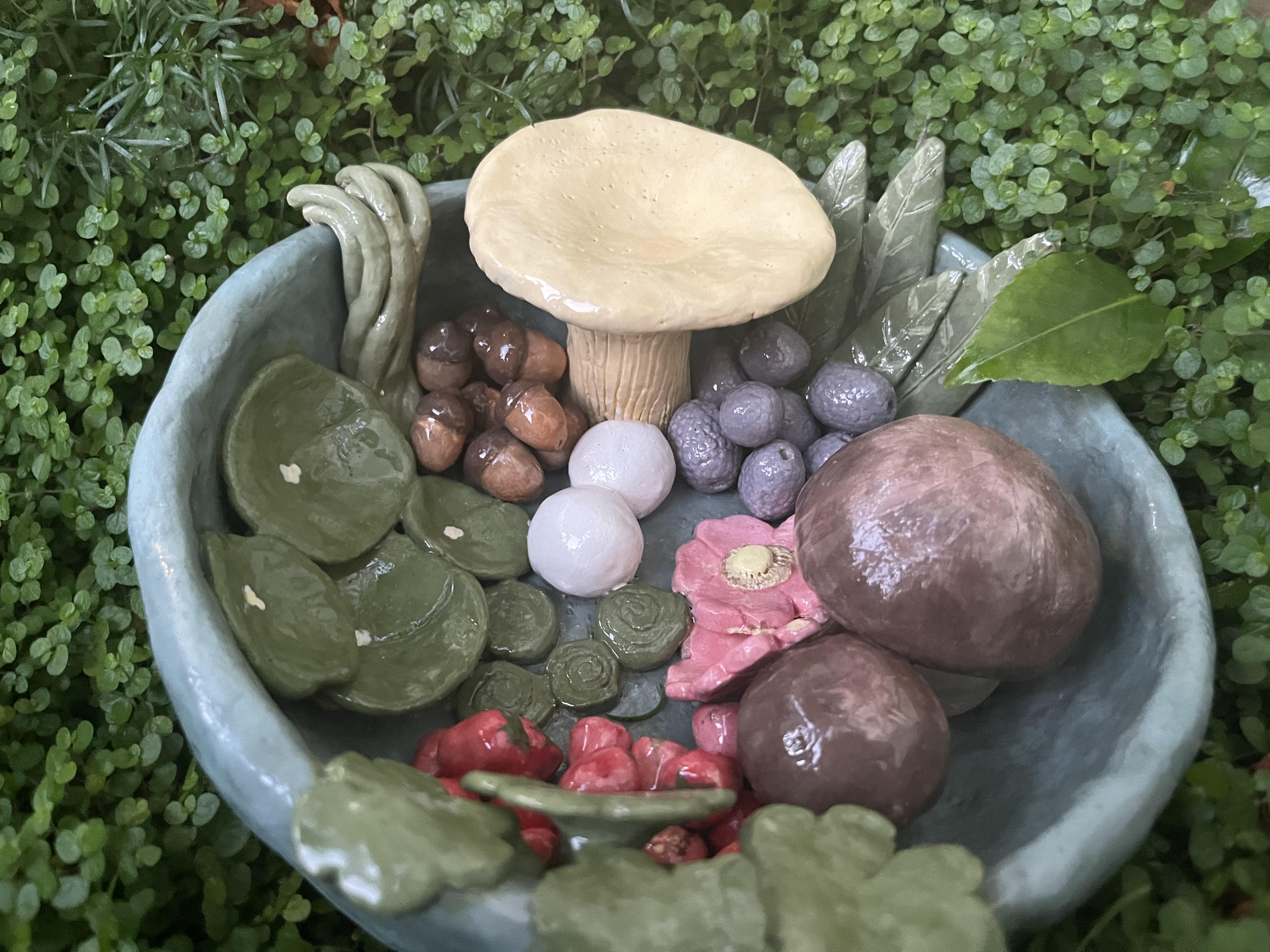 A ceramic bowl full of plants and mushrooms that can be foraged in california