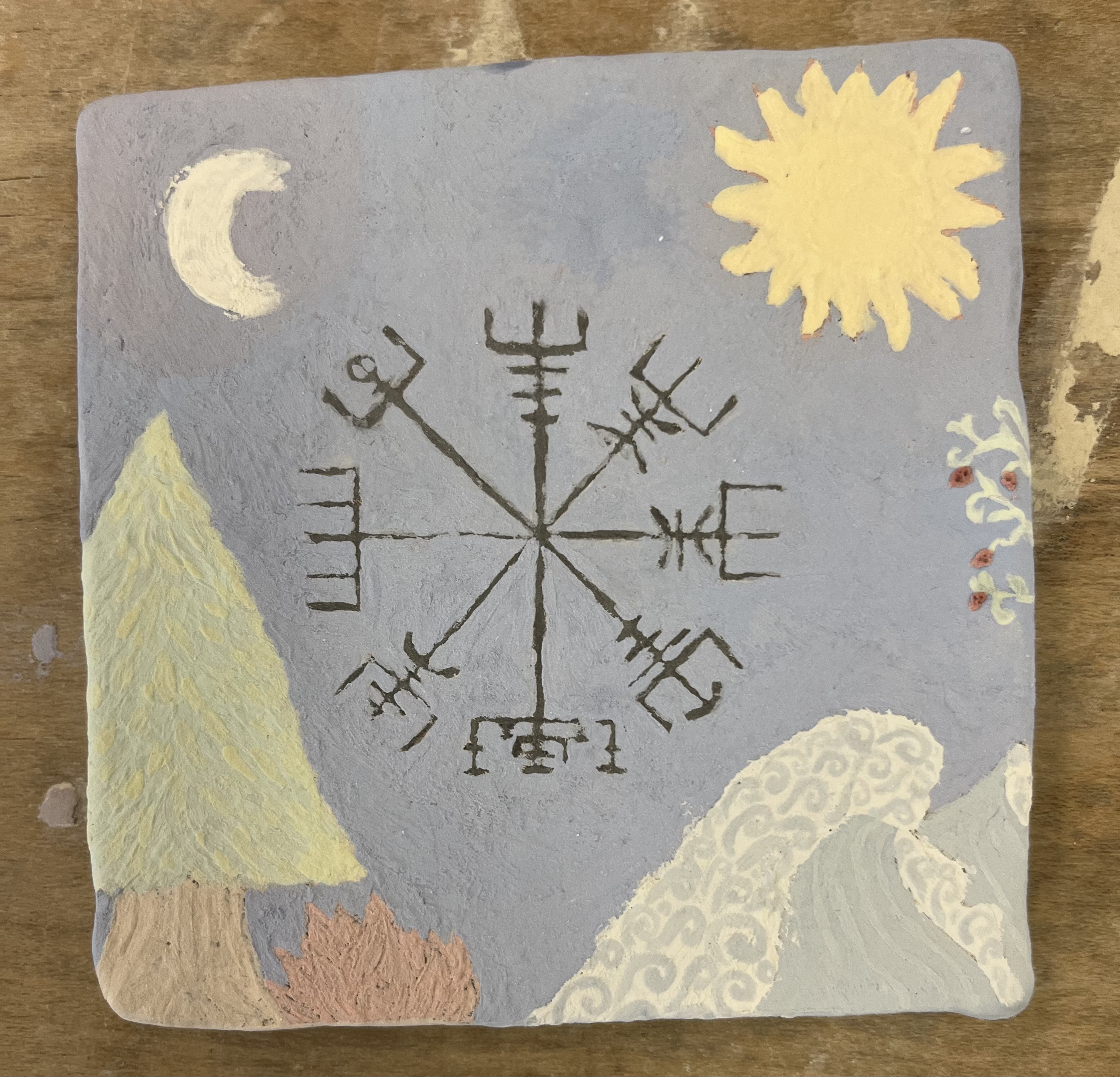 Front of unfired vegvisir tile